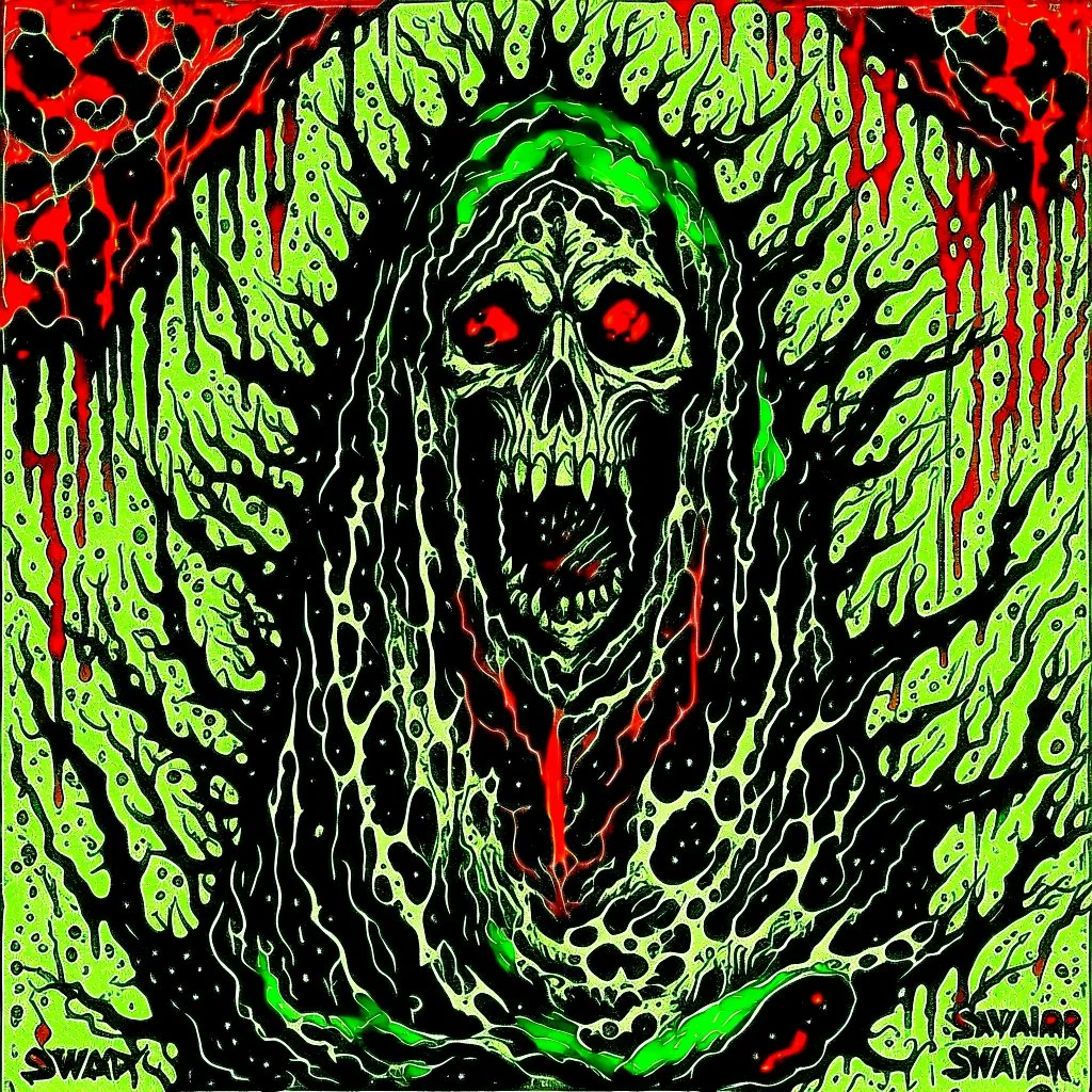 Album art for "SEASONS IN THE ABYSS" by SLAYER; paint textured dripping watercolor by Derek Riggs, concept art, highly detailed, violent color red, black and green, by Godmachine, Chiaroscuro!.