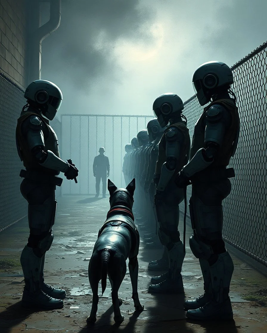 Bosch painting style, nightmare , three Ai robot prison guards with Ai robot dog watching a human prisoners lined up in line one after another inside a prison yard great quality picture with cinematic scenes ,