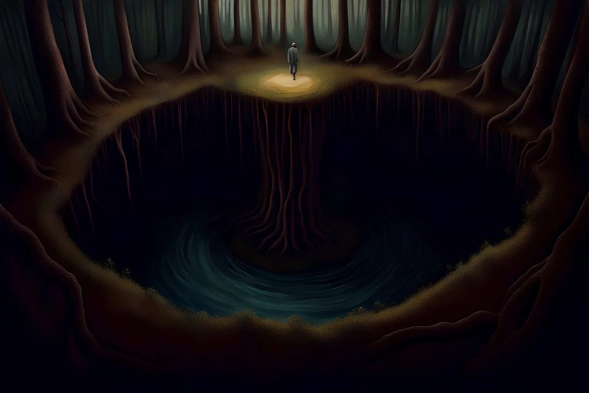 the top view of a deep pit, a surreal painting, scary, in a tree