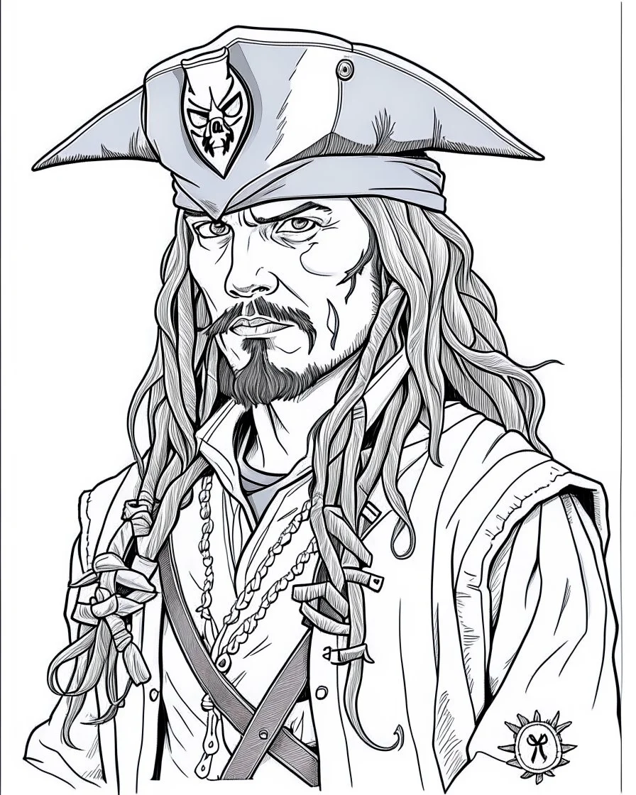 Jack Sparrow Portrait: Create a detailed coloring page featuring the iconic character Jack Sparrow. Ensure intricate details in his clothing, accessories, and facial features for an engaging coloring experience.