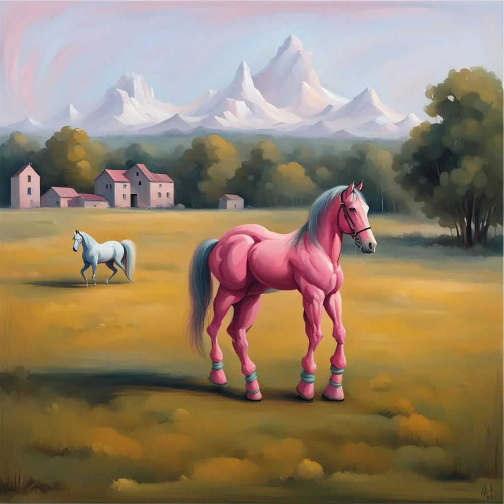 a big muscle man sitting on a pink horse.like 19th painting