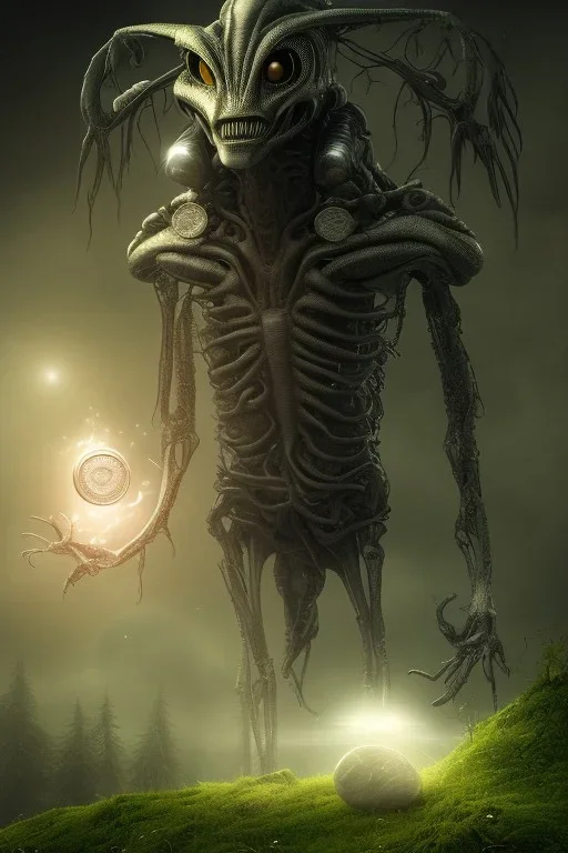 running alien portrait , black jogging suite , in the night Alps , holding leaves and coins , angels background, volumetric light, high detail, dark leaf tree, dark mountains in background, perfect, HR Giger style