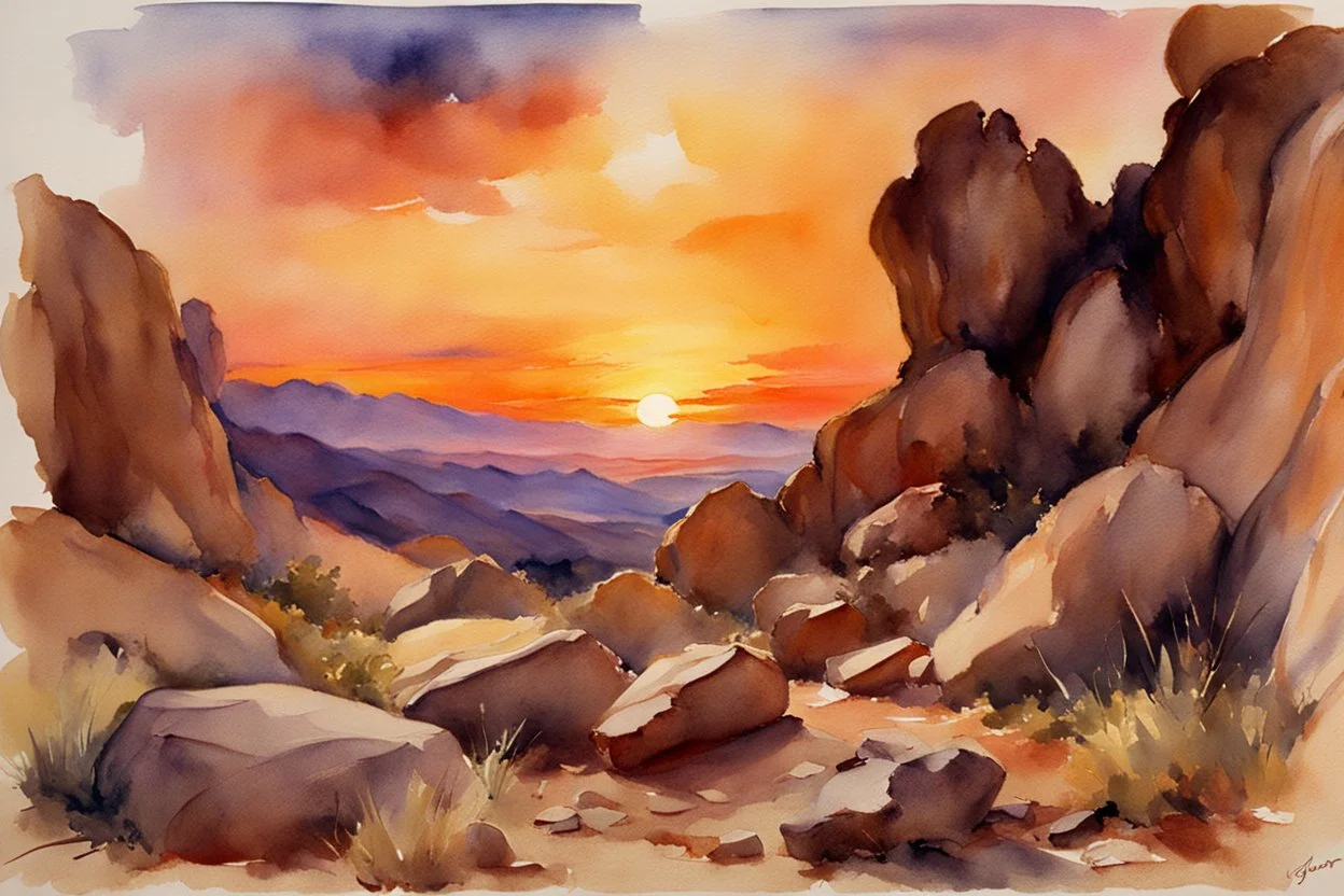 Sunset, rocks, mountains, rocky land, epic, john singer sargent watercolor paintings