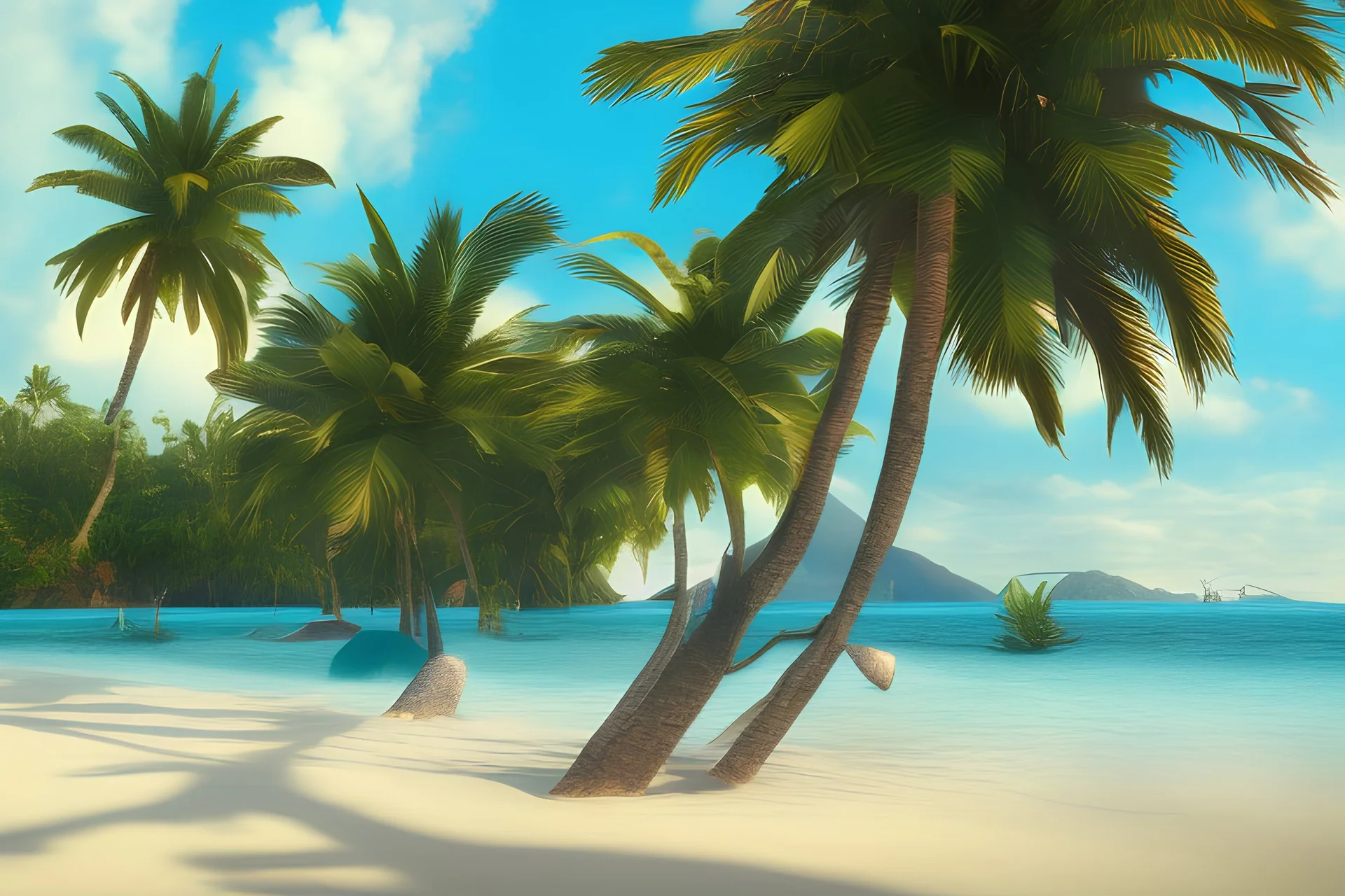 realistic style, tropical beach, palm trees,