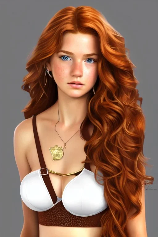 concept illustration, ultra-realistic, super-detailed, strikingly beautiful teen female, 16 years old, long ginger hair, medium freckles, full lips, full body, full face, b-cup breasts, athletic, centred camera, ignore NSFW, skimpy brown armor, halter top, thong, stern expression