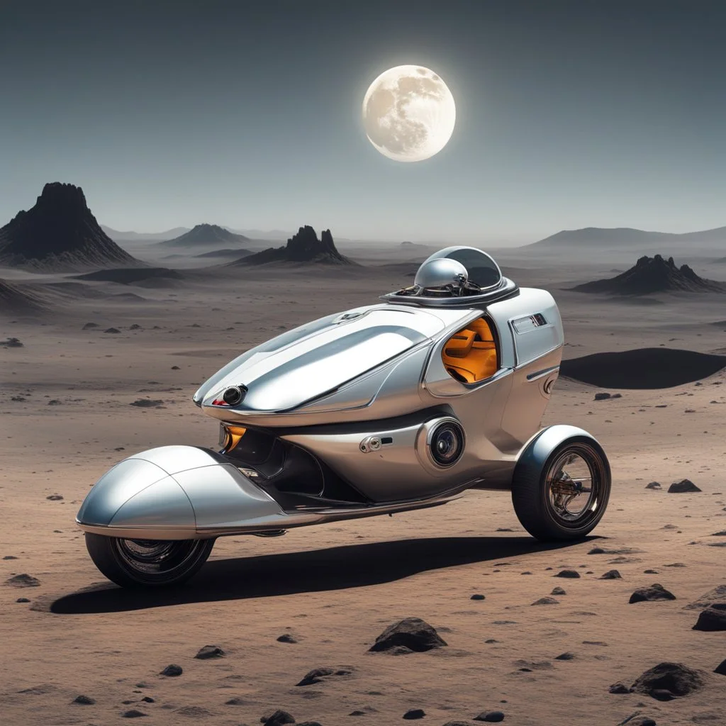 They ride a retro space scooter, gliding across the lunar terrain, adding a touch of nostalgic charm to their plight. The sleek metallic vehicle effortlessly cuts through the moon's low gravity, with the twin women holding onto each other, their bodies pressed close, as they navigate the barren landscape. The scooter's vintage design contrasts with the futuristic surroundings, evoking a sense of adventure and freedom. They zoom past craters and lunar rocks, their laughter echoing through their h