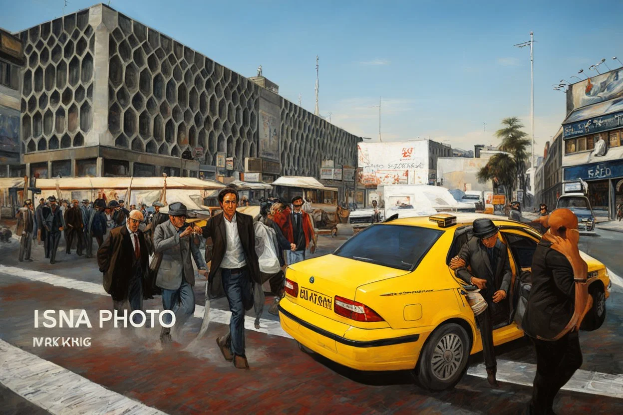 men models in a street in a taxi oil painting