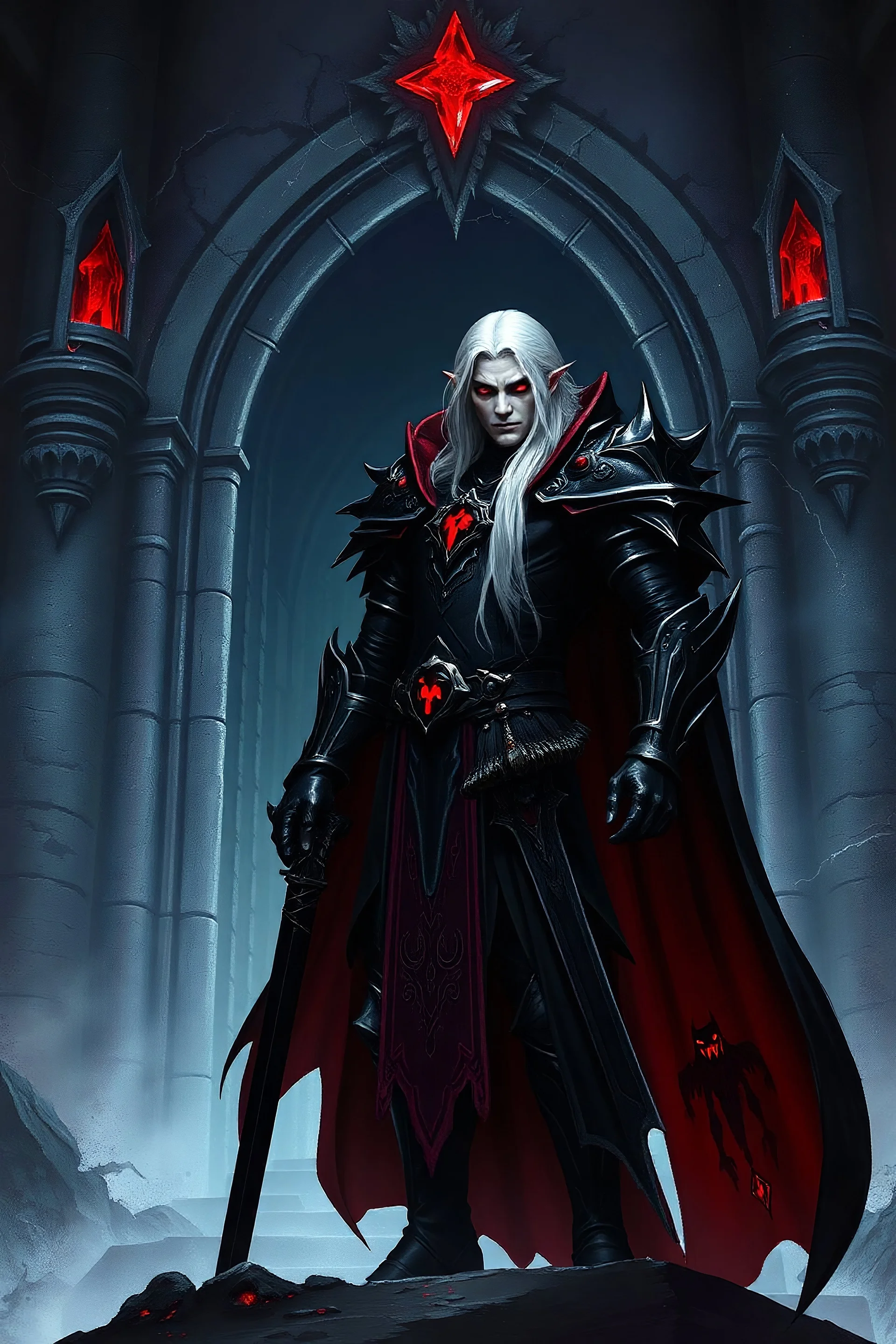 Dark stone temple, Magic red lighting, Dark shadowy king, Lord of blood, Vampire King, Crimson Crystals, Dark armor, wearing a Cloak of blood, DnD art work, Character Concept, Glowing red Eyes, Strong body, Pale skin, Long white hair, Large black Longsword belted at hip, Glowing Crimson power aura, Master of Vampires