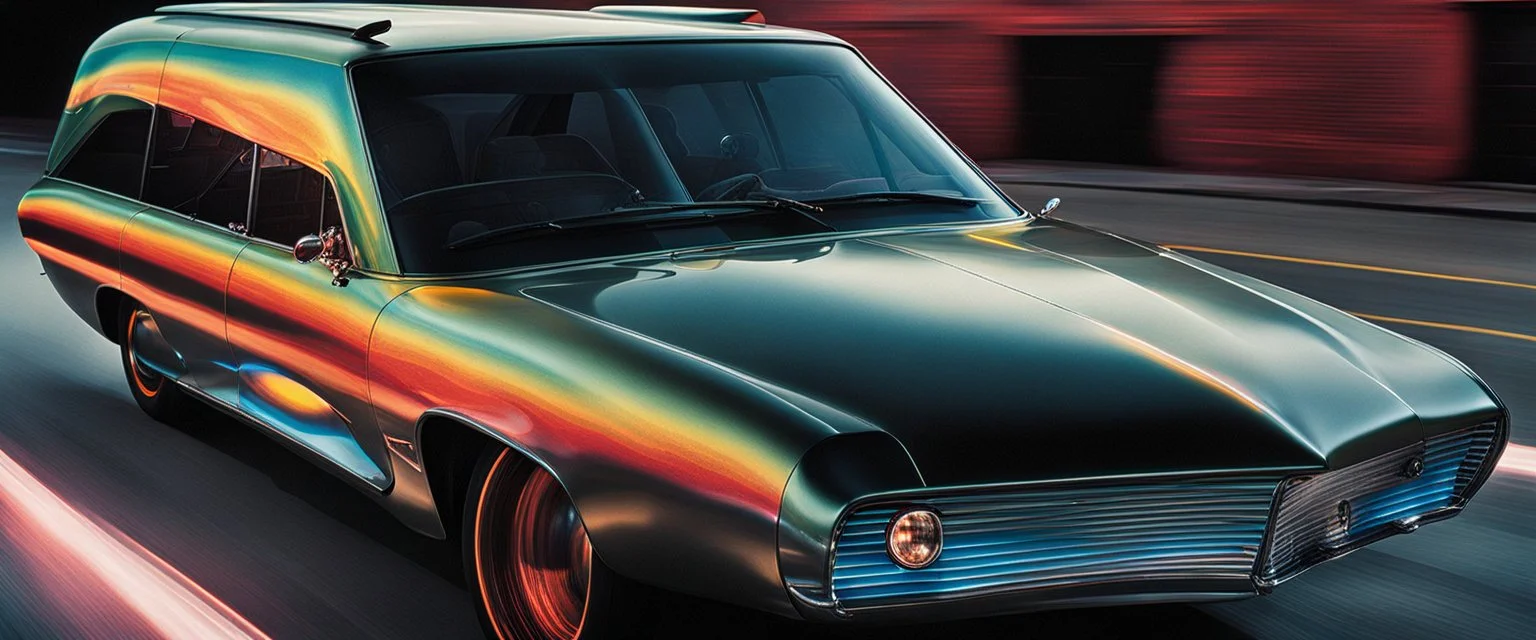 A national geographic award-winning photograph of a military fighter jet station wagon elephant hybrid bilaterally symmetrical designed by skunkworks, only one vehicle per image painted metallic dayglo colors traveling at a high rate of speed, jet intake off of the front center of vehicle and jet exhaust out the rear with bright blue flame soviet retrofuturism, cassette tape futurism, sleek but squared, tremendous nuclear powered engine