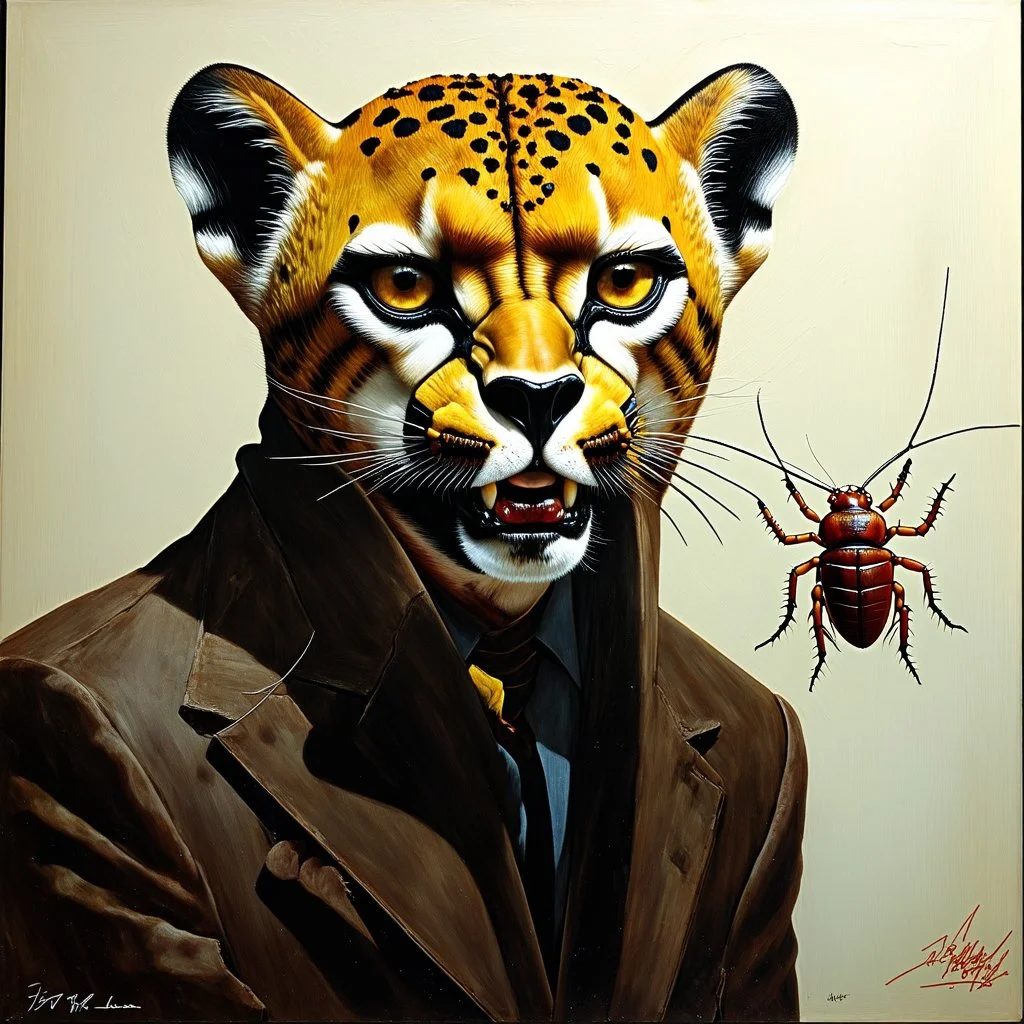 Asymmetric and offset, full color matte oil painting, unsettling death ghoul cheetah and cockroach hybrid, by Dave McKean and Victor Pasmore and Stephen Gammell, occult transience treachery bizarre creature by Santiago Caruso, violent colors, liminal oncology