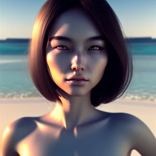 Asian women on the beach hot day atmospheric, realistic, unreal engine, lighting, octane render, full body, pleasuring