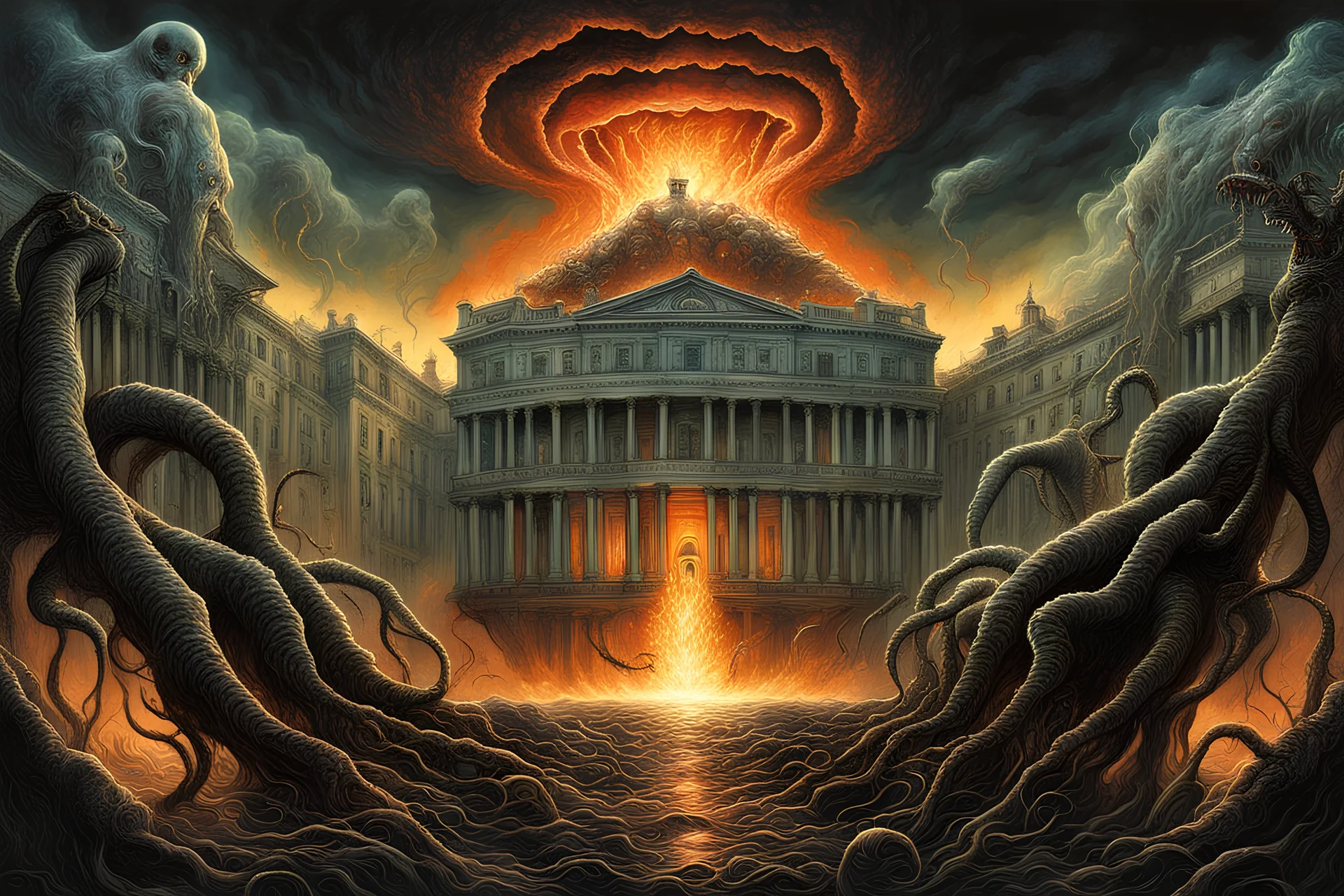 by Michael Whelan and Justin Gerard and Zdzislaw Beksinski and Luis Royo, Lovecraftian eruption in Washington DC, Lovecraftian elder god curls envelops the Washington White House, nightmarish images pour out of its mouth blanketing the sky with a miasma of Eldritch horrors, fantastical digital art, dramatic, Eldritch, hyperdetailed, dark colors, maximalism