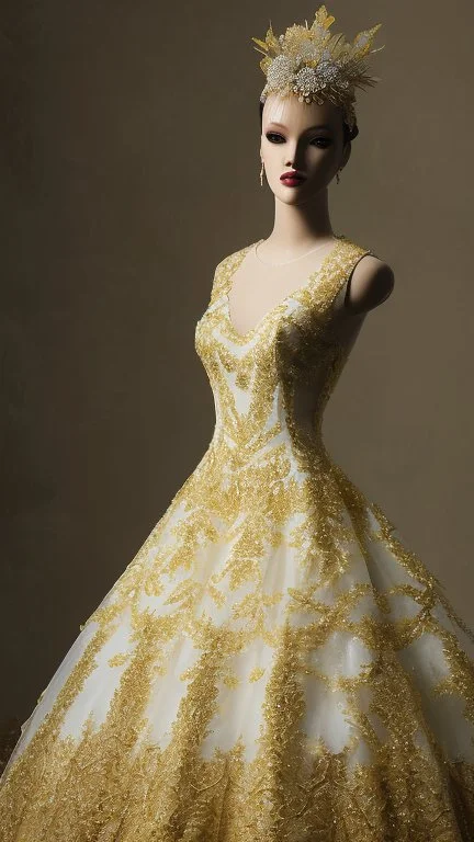 A mannequin wearing a dress, Philippines national custome dress inspired by jasmine flower, sampaguita, Philippines national flower, jasmine flower dress, jasmine flower, white jasmine flower, dress displayed on mannequin, beautiful, very beautiful dress, fantasy dress, magical dress, elegant, full body, full body frame, ultra realistic, aesthetic, yellow and white pastel color, sequins, bedding, made of crystal, sexy, magical, fantasy, ethereal, sparkly, glowing, glittery dress, artistic style