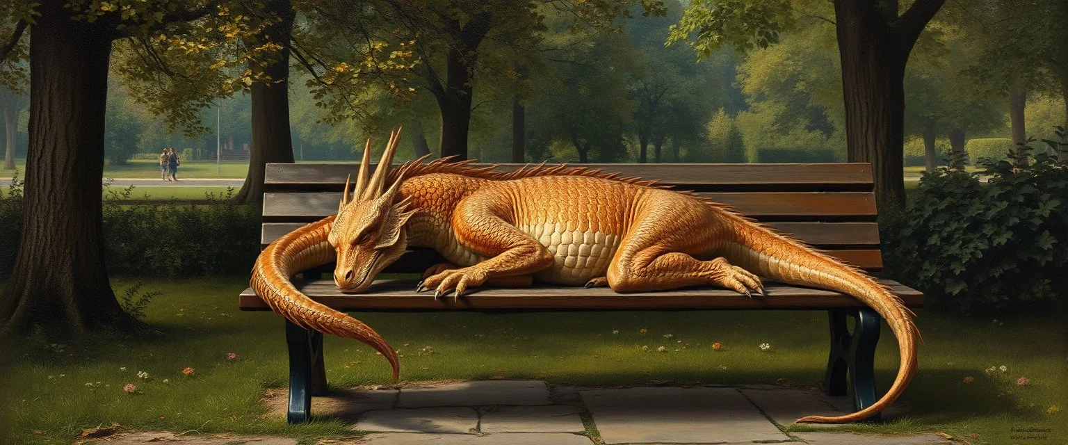 master oil painting by Rembrandt, flat dragon sleeping on a bench in the park