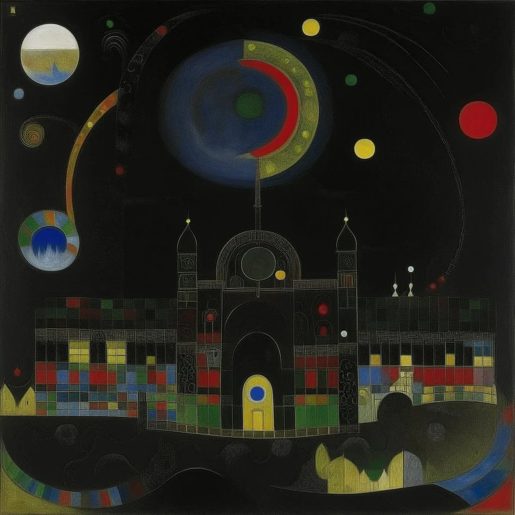 A black dark palace with a moon painted by Wassily Kandinsky