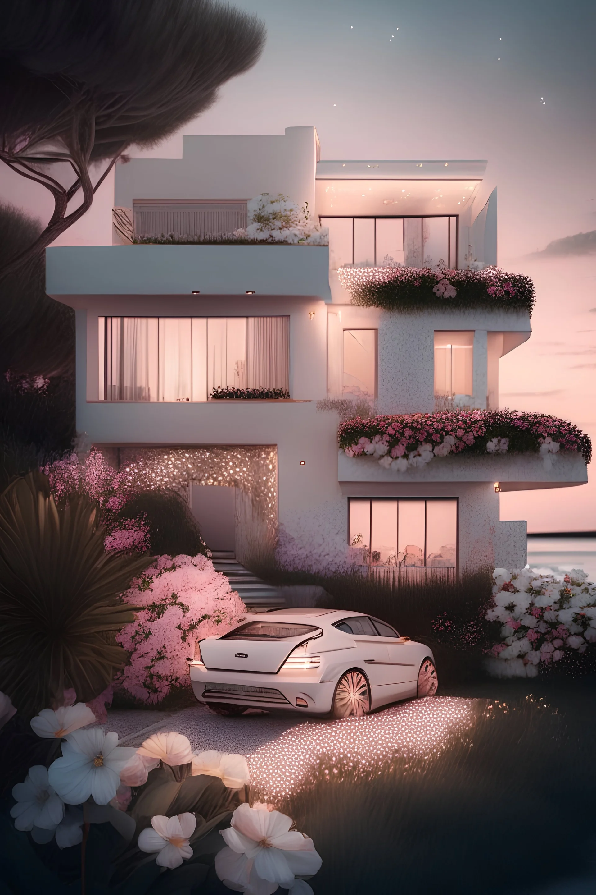 Modern villa by the sea with brocato lights, flowers and a beige car