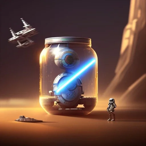 Star wars characters in a jar floating, super high resolution, professional photograph, in focus, beautiful detail, professional digital art, stunning 4k, volumetric light, Award-winning photograph, photography, tokio background