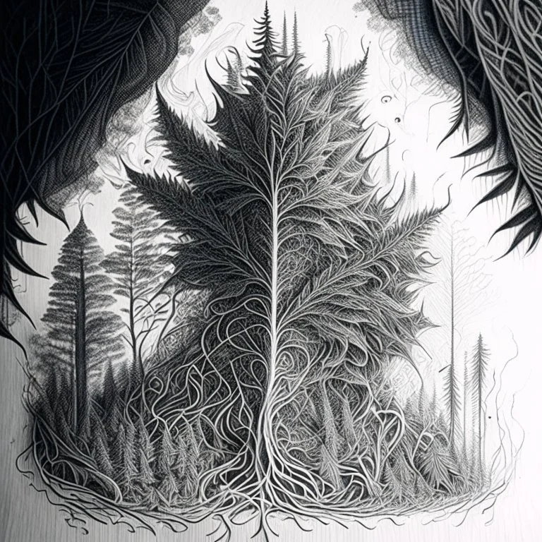 Sketch a composition where intricate smoke patterns transform into a forest of towering trees made entirely of crushed weed leaves, filling the canvas with a surreal and visually captivating asymmetrical patterns. Pencil sketch Drawing