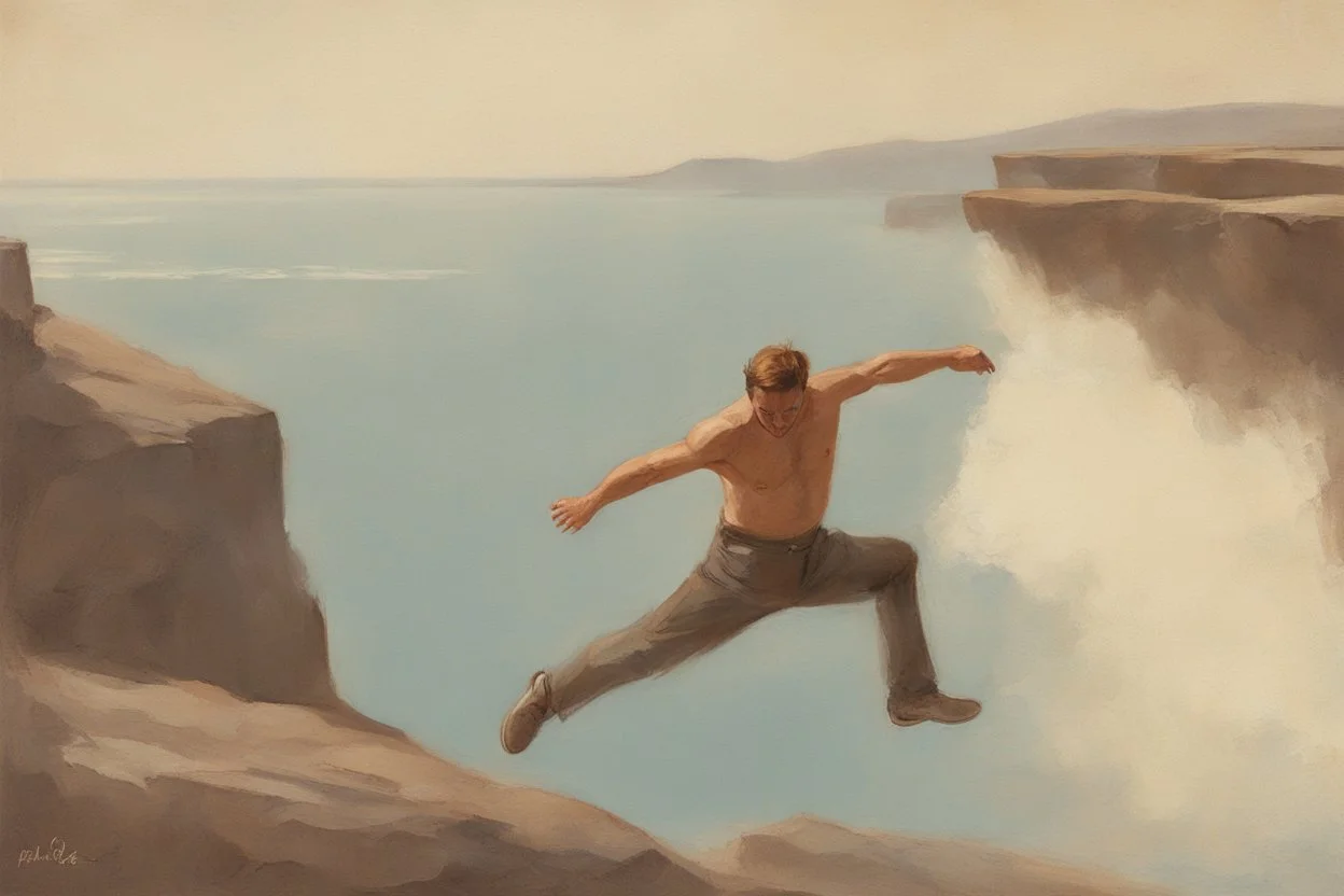 man jumping from the cliff by phil hale