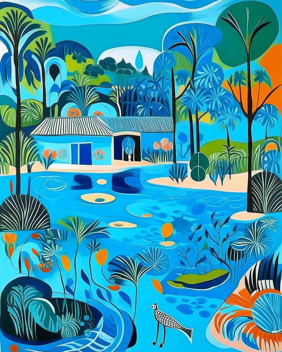 A blue resort on a lagoon designed in Australian aboriginal art painted by Henri Matisse