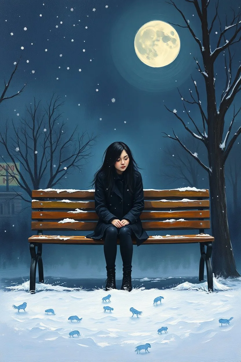 Painting of a lonely young woman with black hair. snowy night. sitting on a park bench. city park. full moon. night time oil painting. expressive brush strokes. solitude
