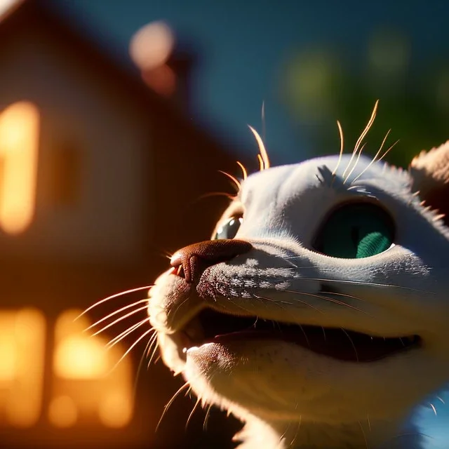 Cartoon pet with a smiley looking at a small house|mdjrny-v4 style| wide angle| intricate detailed| hyperrealistic| cinematic lighting| cinematic colors|hdr | unreal engine