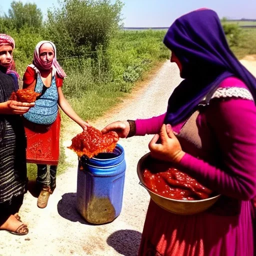 the lady giving a jar of ajvar to gypsies, modern setting