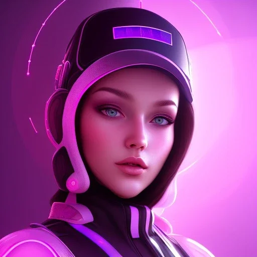 Cute girl face in hat, Sci-fi character, purple backlight, pink and purple, scifi suit, profile, purple background, pink lighting