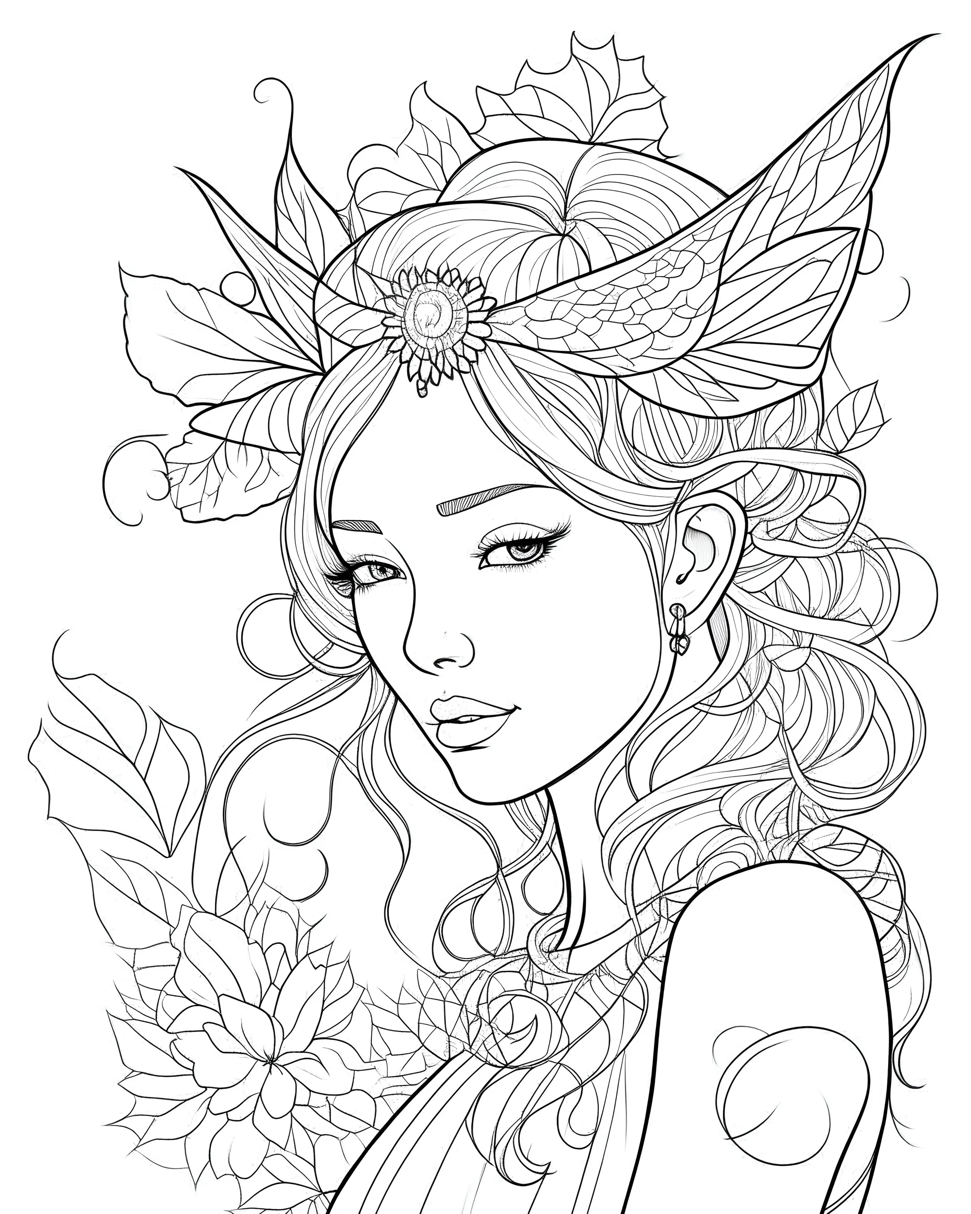 fairy flower, full view, realistic face, coloring page, only draw lines, coloring book, clean line art, –no sketch, color, –ar 3:4, white background, minimalistic black lines, minimal black color, low level black colors, coloring page, avoid thick black colors, thin black line art, avoid colors, perfect shape, perfect clear lines,