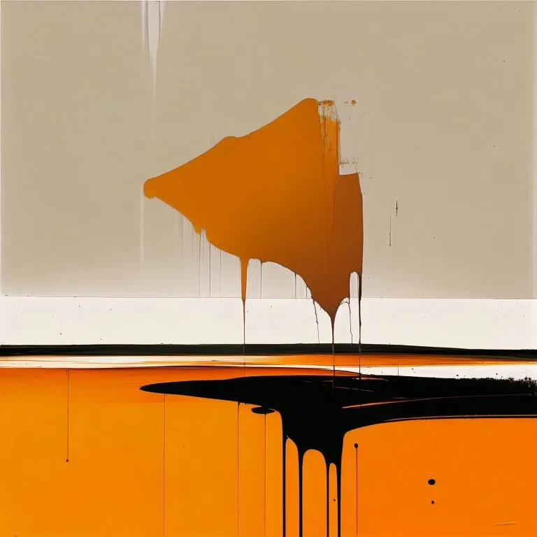 Melancholy Minimal abstract flat landscape painting. Rough brushstrokes and dripping paint. A single orange colour highlight with complimentary background colours. Use rule of thirds. Place the Horizon line at the top. Style of Justin Mortimer.Abstract empty landscape painting. Dripping paint. Rough. Minimal. Style of Justin Mortimer.