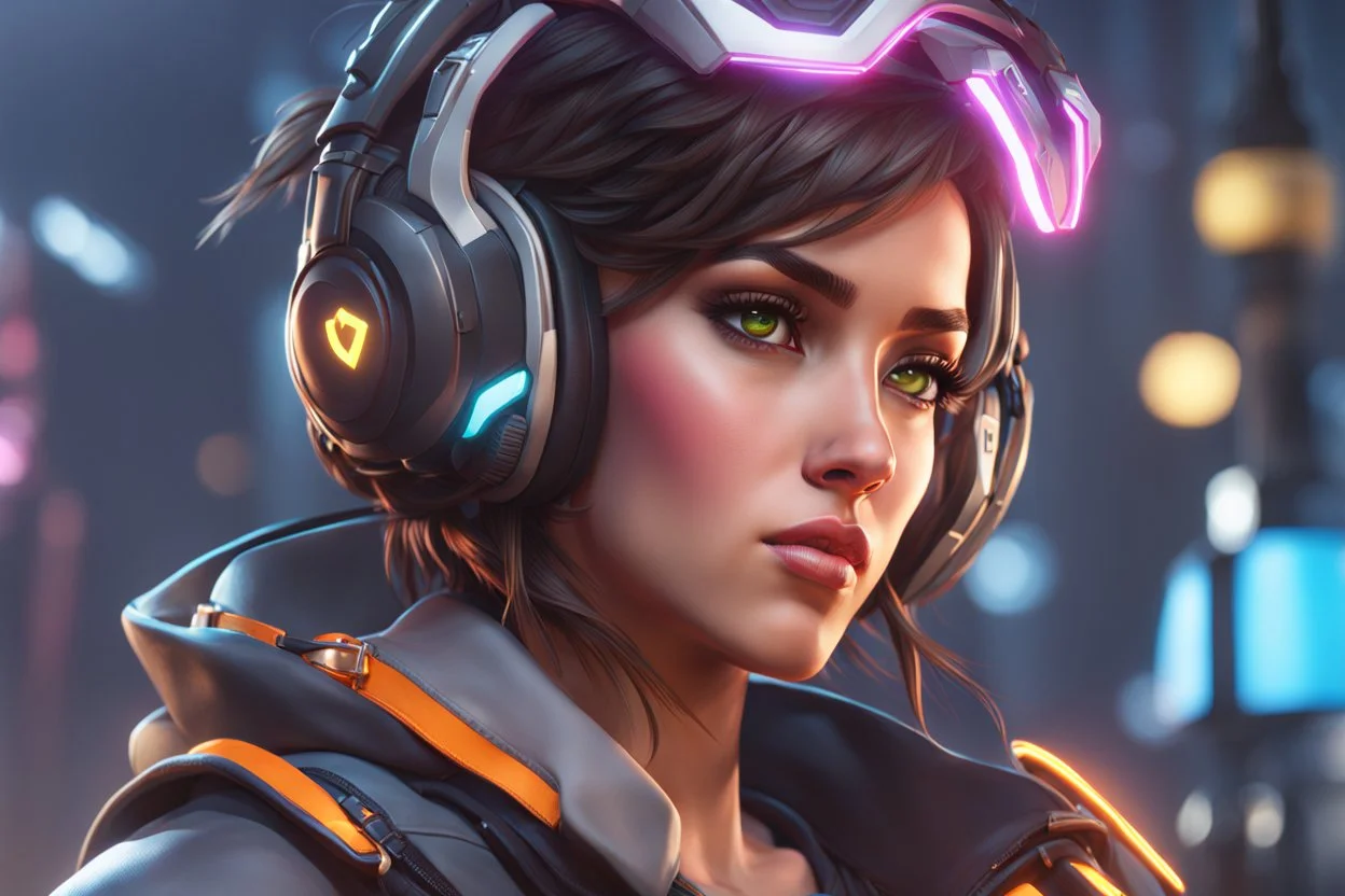 Repair in 8k realistic cgi drawing style, overwatch them, close picture, rain, neon, intricate details, highly detailed, high details, detailed portrait, masterpiece,ultra detailed, ultra quality