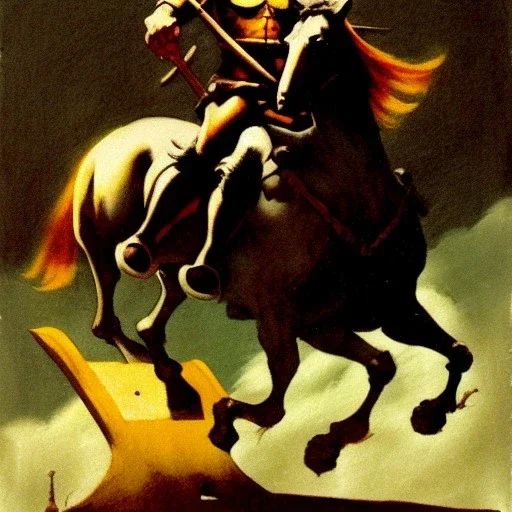 retrato de un caballero medieval montando a caballo con armadura frank frazetta style