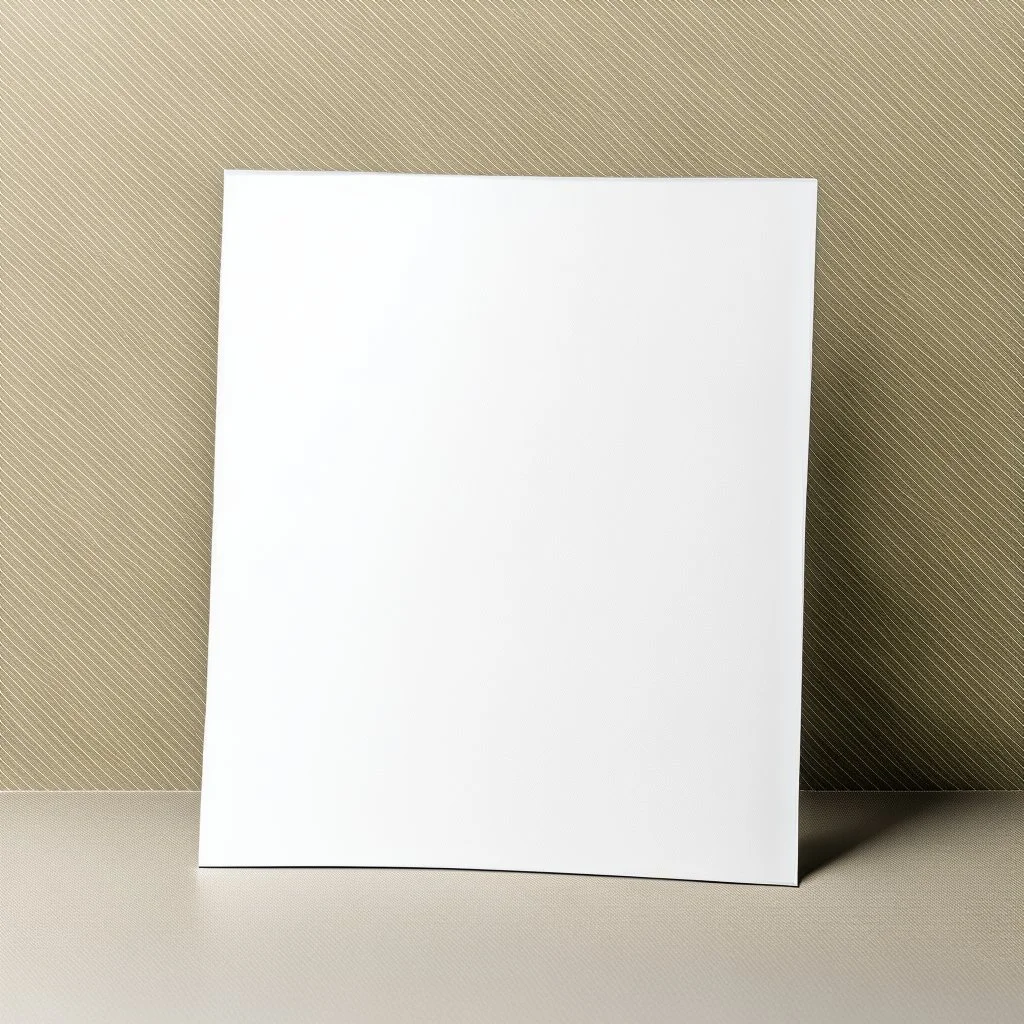 A photo of a white folded card, 5.5 by 4.25 inches. The card is laying vertically on a beautiful surface.