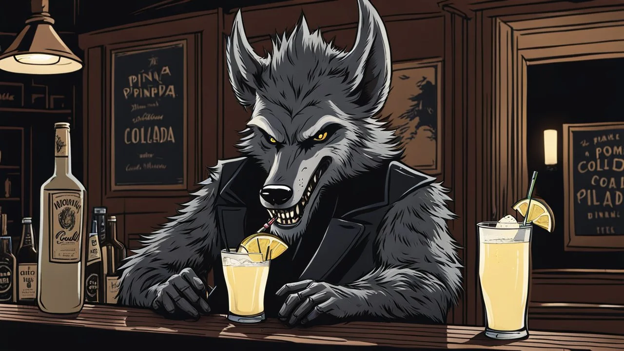 A werewolf with a pompadour haircut drinking a Pina Colada at a bar in London. Illustration.