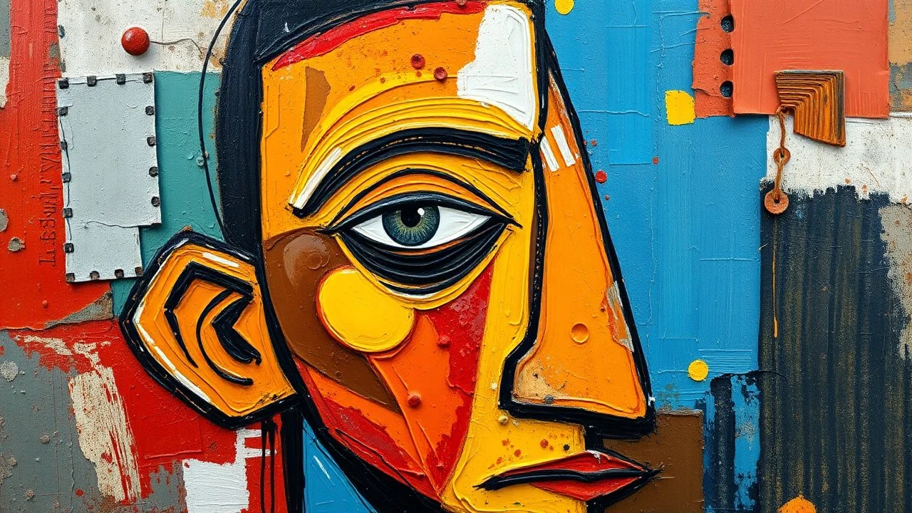 random abstract painting, flat brush strokes, palette knife, hyperdetailed oil on canvas, triking abstract cubist Picasso style design with trings tape brightly colored impasto oil paintings and rusty metal pieces and glass, one eyes white a head two curved. Cubism breaks objects into geometric shapes. presence, picasso, botero and steve mac curry style