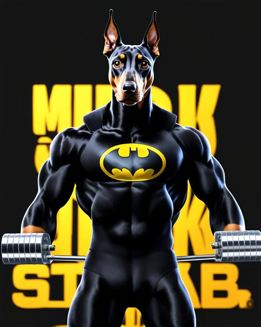 Muscular and powerful Doberman superhero, weightlifter type, with a serious and confident expression. He wears the suit inspired by Batman's. On the chest a (((stylized logo))) of a dog. Strike a heroic pose. Vibrant typography 3d rendering photo.