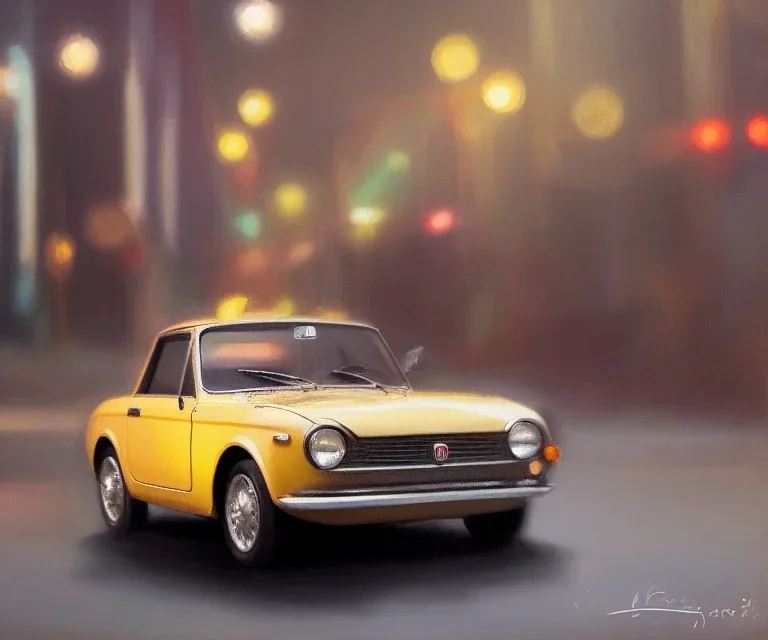 fiat 125p, city. high speed. bokeh. lens flare. warm lights. high detailed. oil on canvas