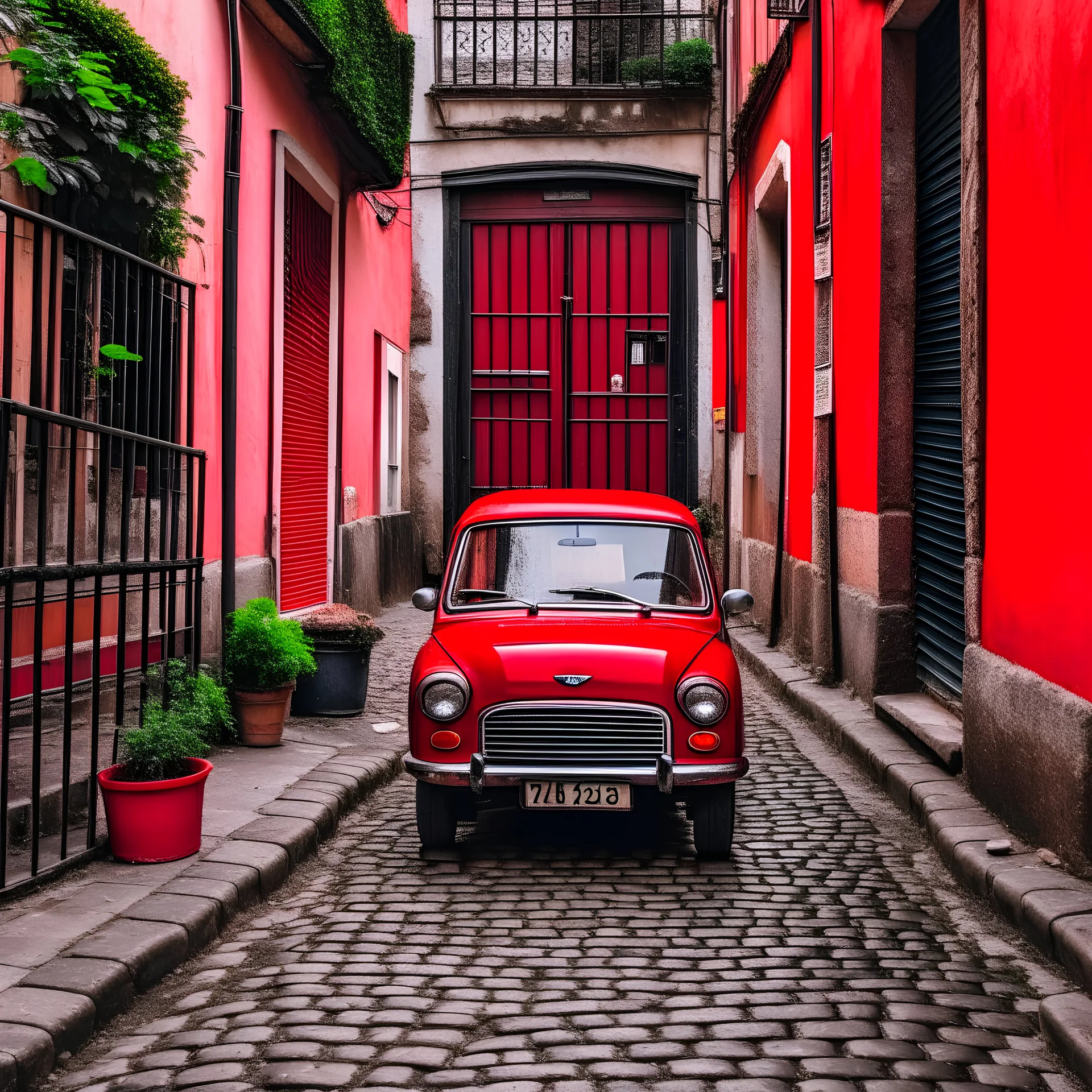 The Mini Cooper parked in an old alley, red, with a dog on it.