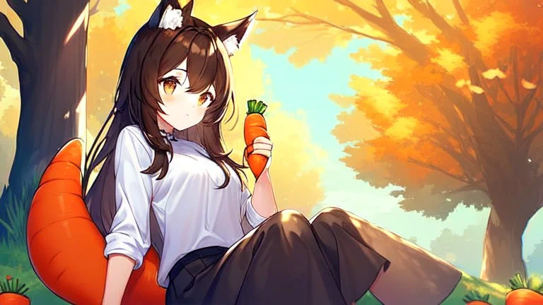 1girl, sitting, animal ear, tree, carrot, brown bunny ears, brown bunny tail, animal tail, short blue skirt, long brown hair, white shirt,