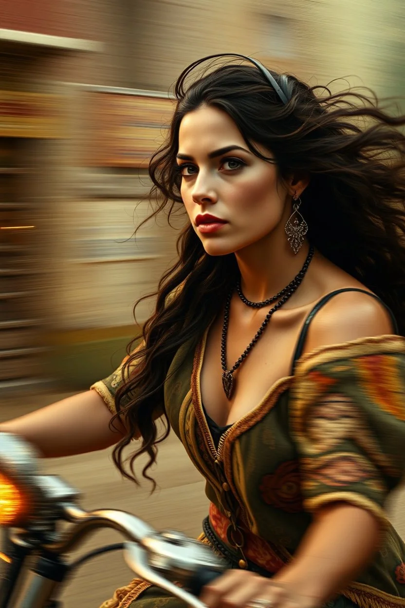 young Jennifer Connelly as gypsy biker with motion blur painted by Titian and Escher