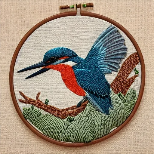 exquisite kingfisher in embroidery hoop, intricate, highly detailed, linen and wood backdrop