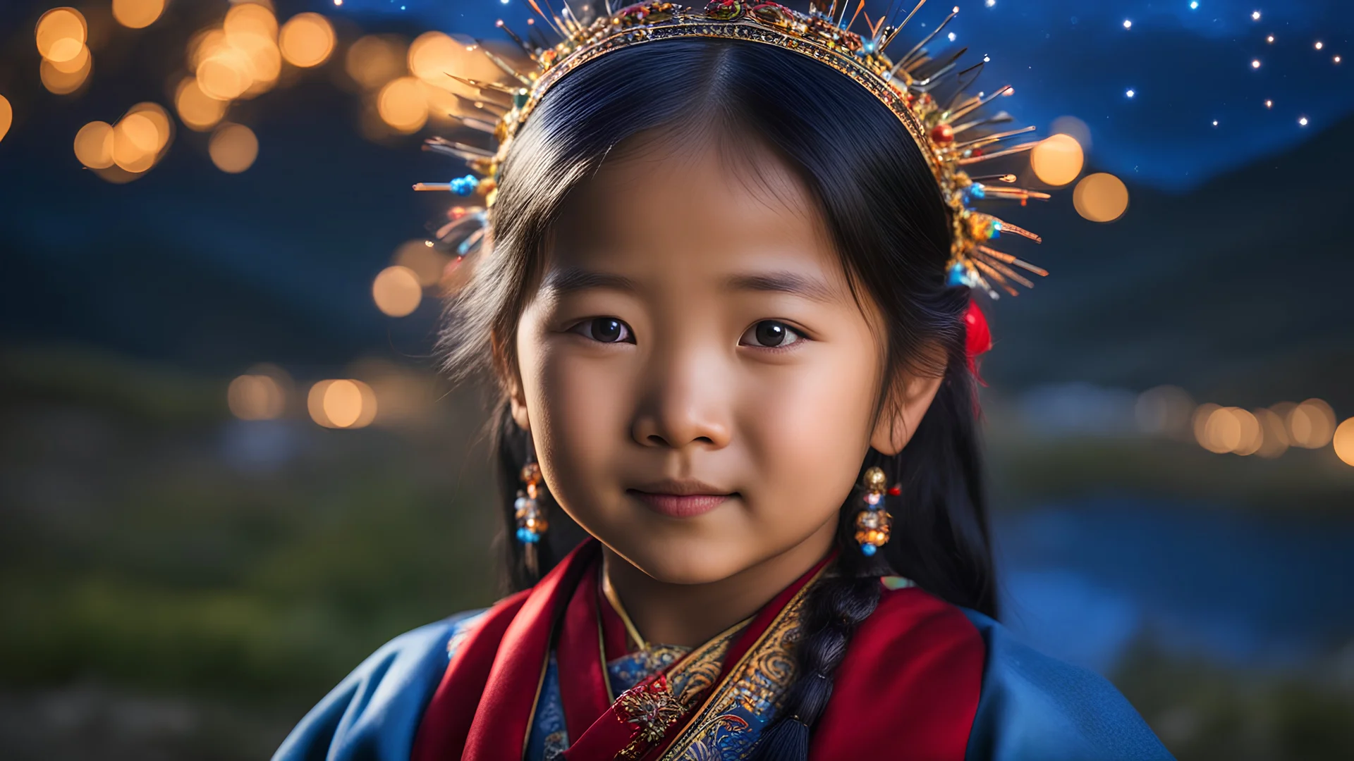 little very young Tibetan girl, beautiful, peaceful, gentle, confident, calm, wise, happy, facing camera, head and shoulders, traditional Tibetan costume, perfect eyes, exquisite composition, night scene, fireflies, stars, Himalayan view, beautiful intricate insanely detailed octane render, 8k artistic photography, photorealistic concept art, soft natural volumetric cinematic perfect light, chiaroscuro, award-winning photograph, masterpiece, Raphael, Caravaggio, Bouguereau, Alma-Tadema