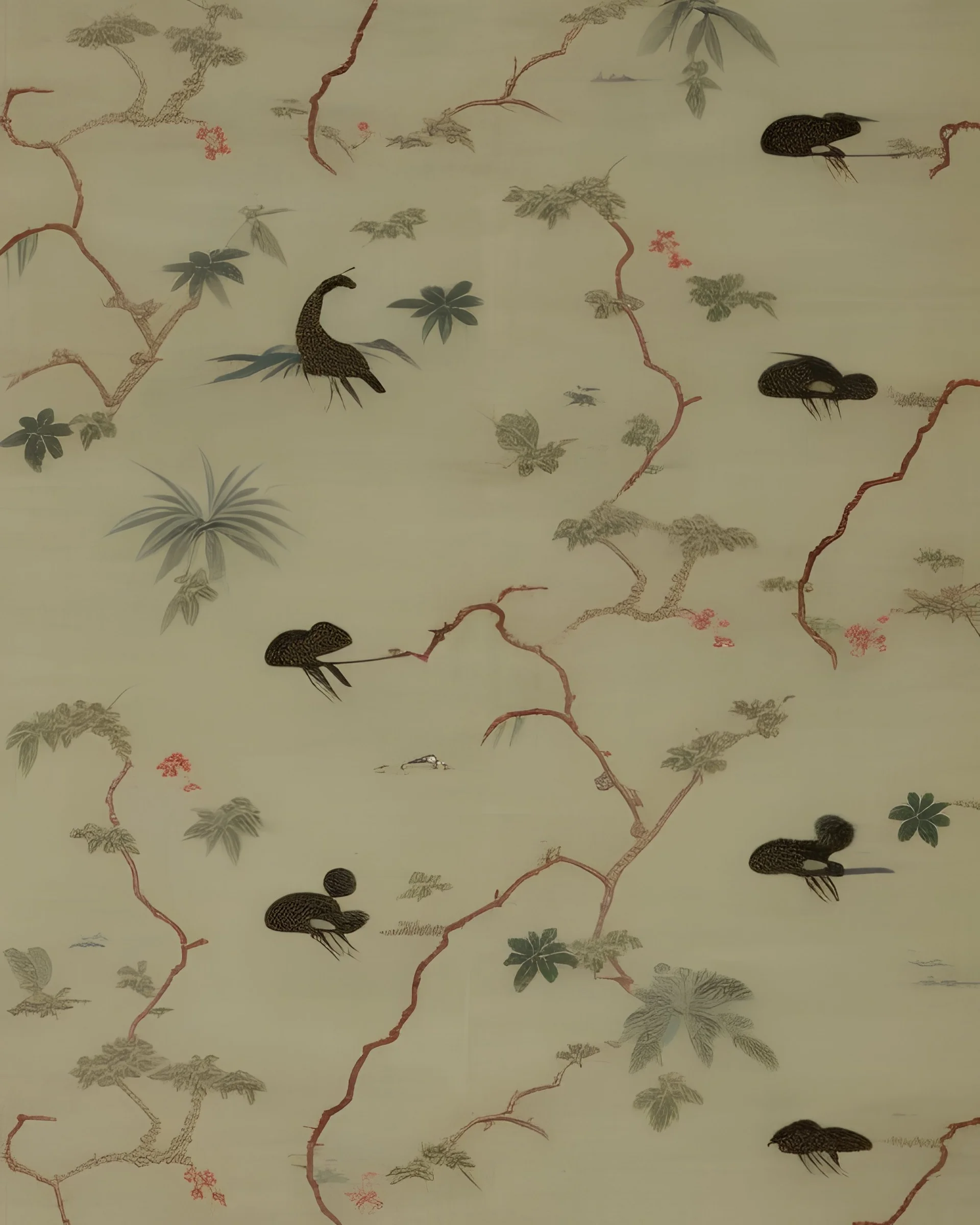 17th-century chinoiserie design of bare vines with dodo birds