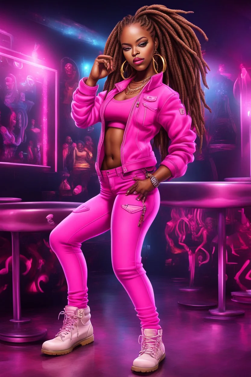 Create a digital airbrush cartoon of a curvy African American female wearing a hot pink jean outfit with timberland boots. Prominent make up with hazel eyes. She is wearing large diamond hoop earrings. Extremely highly detailed very long dread locs hair that shines. Background of a night club.