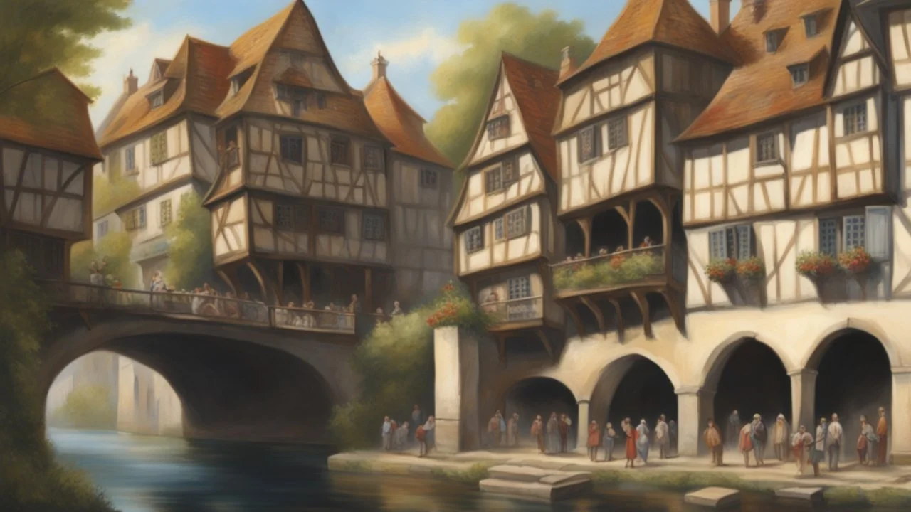 medieval buildings with balconies overhanging a river, blue sky and people, photorealism, trees, foliage, piers, ultra-sharp image, sharp focus