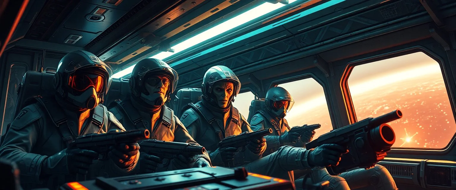 cowboy astronauts in a spaceship cyberpunk warhammer madness, alien hiding in the shadows, one character without helmet