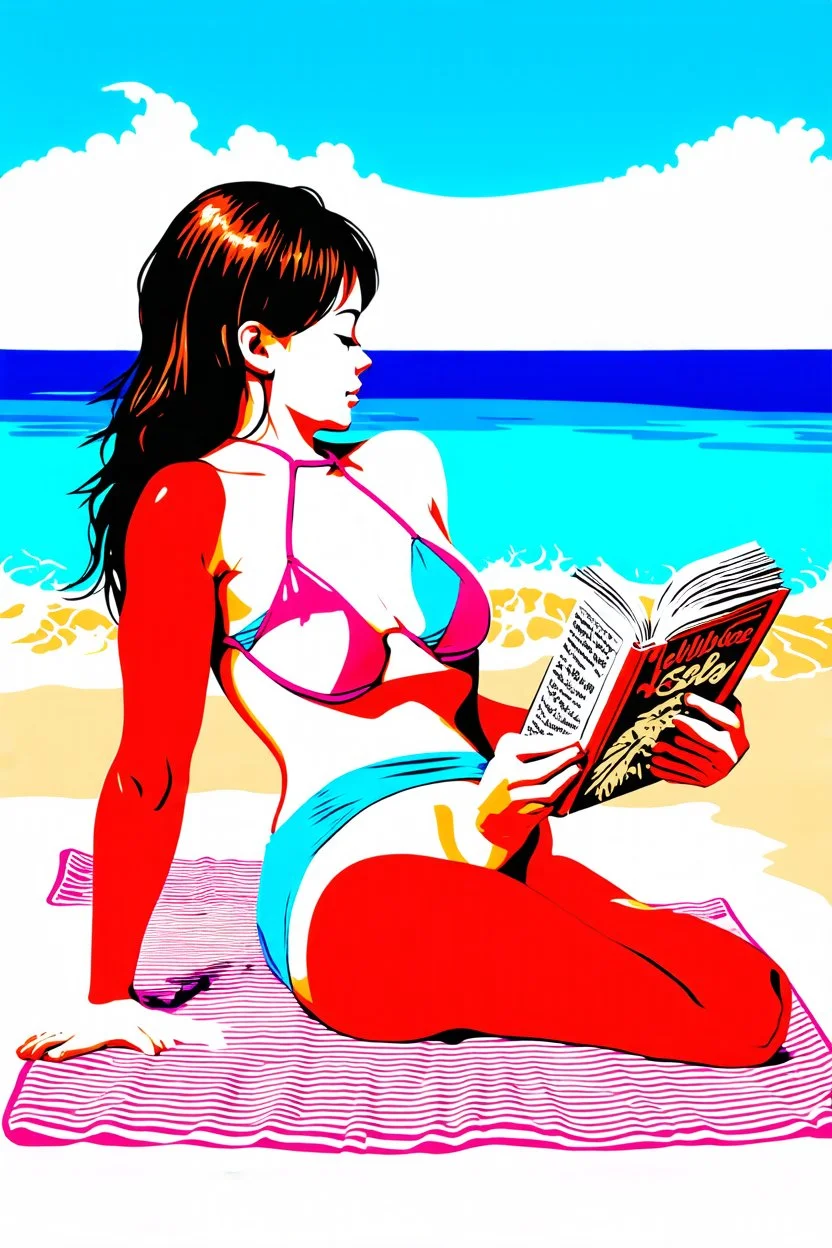 beautiful girl in a bikini and t-shirt laying on her stomach while a beach towel while reading a book, silkscreen poster by rockin Jellybean