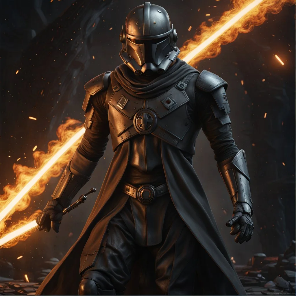 star wars bald male corellian pilot wearing pearlescent black and gunmetal grey First Order special forces heavy assault stealth commando armor and helmet with gold trim inside the jedi temple, hyperdetailed, dynamic lighting, hyperdetailed background, 8k resolution, volumetric lighting, light skin, fully symmetric details