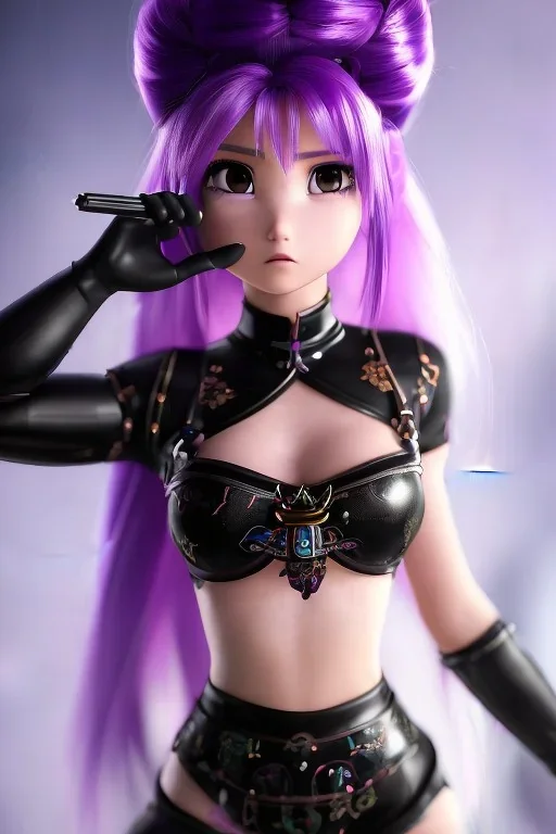 Detailed cute anime Kunoichi girl, purple hair buns, purple bangs, black latex bodysuit, intricate details, full body portrait, keep head in frame, slight smile, black Japanese motif, concept art, highly detailed, digital painting, concept art, sharp focus, illustration, art by Yoji Shinkawa, WLOP and greg rutkowski and alphonse mucha and artgerm and yanjun Chen and Junji ito and Makoto Shinkai, HDR, octane render