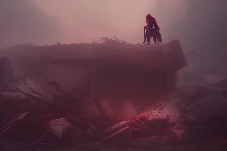  woman dying in rubble, red, dark, stormy, dream, painting